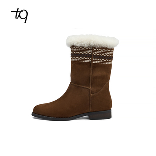 2025年冬季 民族风毛绒边中筒靴粗跟雪地靴加绒保暖复古休闲女 新款