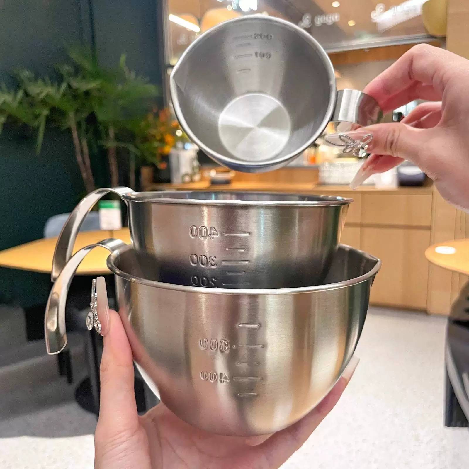 厨房带手柄料理盆日式加厚不锈钢沙拉打蛋盆带刻度烘焙专用搅拌碗