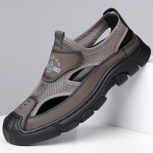 2025夏季新款男士网面透气休闲鞋男手工上线镂空洞洞鞋皮凉鞋