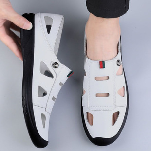 商务休闲洞洞鞋 新款 男镂空透气潮流套脚凉鞋 休闲皮鞋 子男 男士