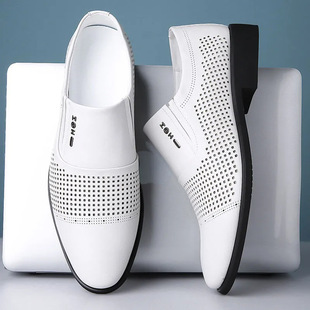 一脚蹬百搭潮鞋 白色打孔透气商务皮鞋 镂空真皮休闲皮鞋 夏季 男款