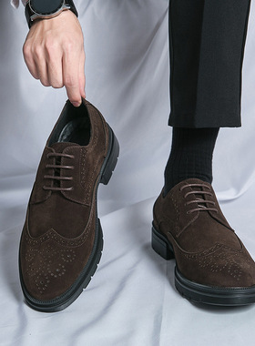 shoes2025跨境大码磨砂皮布洛克花商务正装皮鞋38-46码复古花商务