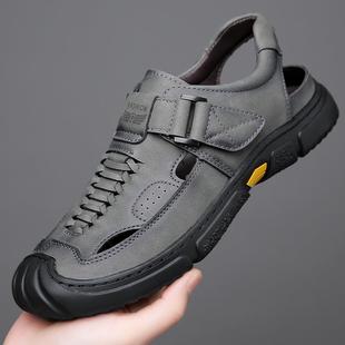 新款 凉鞋 男士 男手工缝线休闲魔术贴洞洞鞋 透气皮凉鞋 2025夏季