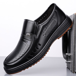 皮凉鞋 镂空透气中老年爸爸洞洞鞋 夏季 真皮商务休闲男鞋 新款 男士