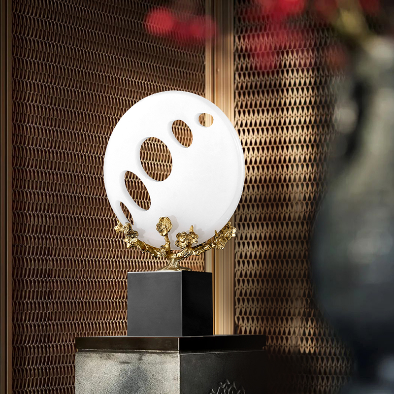 新中式禅意黄铜摆件客厅玉石