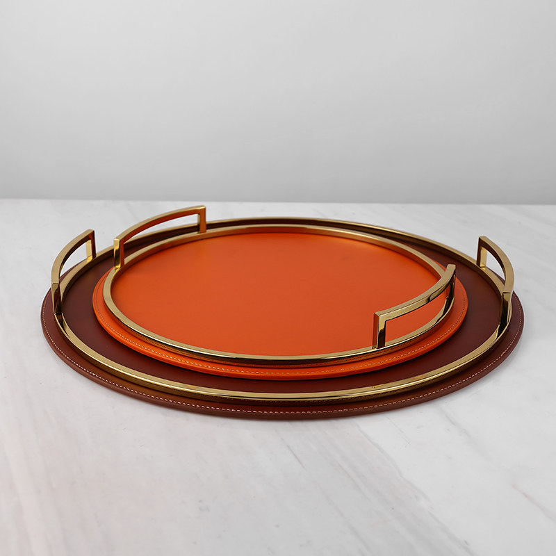 现代轻奢马鞍皮托盘家居摆件客厅玄关酒柜餐桌售楼处大堂软装饰品