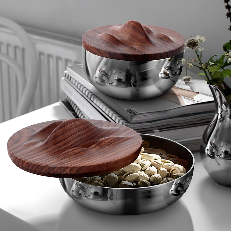 现代轻奢储物罐摆件客餐厅304不锈钢糖果罐创意胡桃木家居装饰品