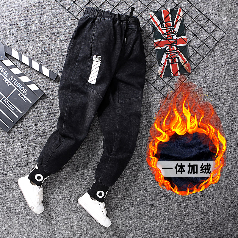 男童加绒裤子加厚外穿13哈伦15岁男孩冬季裤子一体10牛仔14加肥12