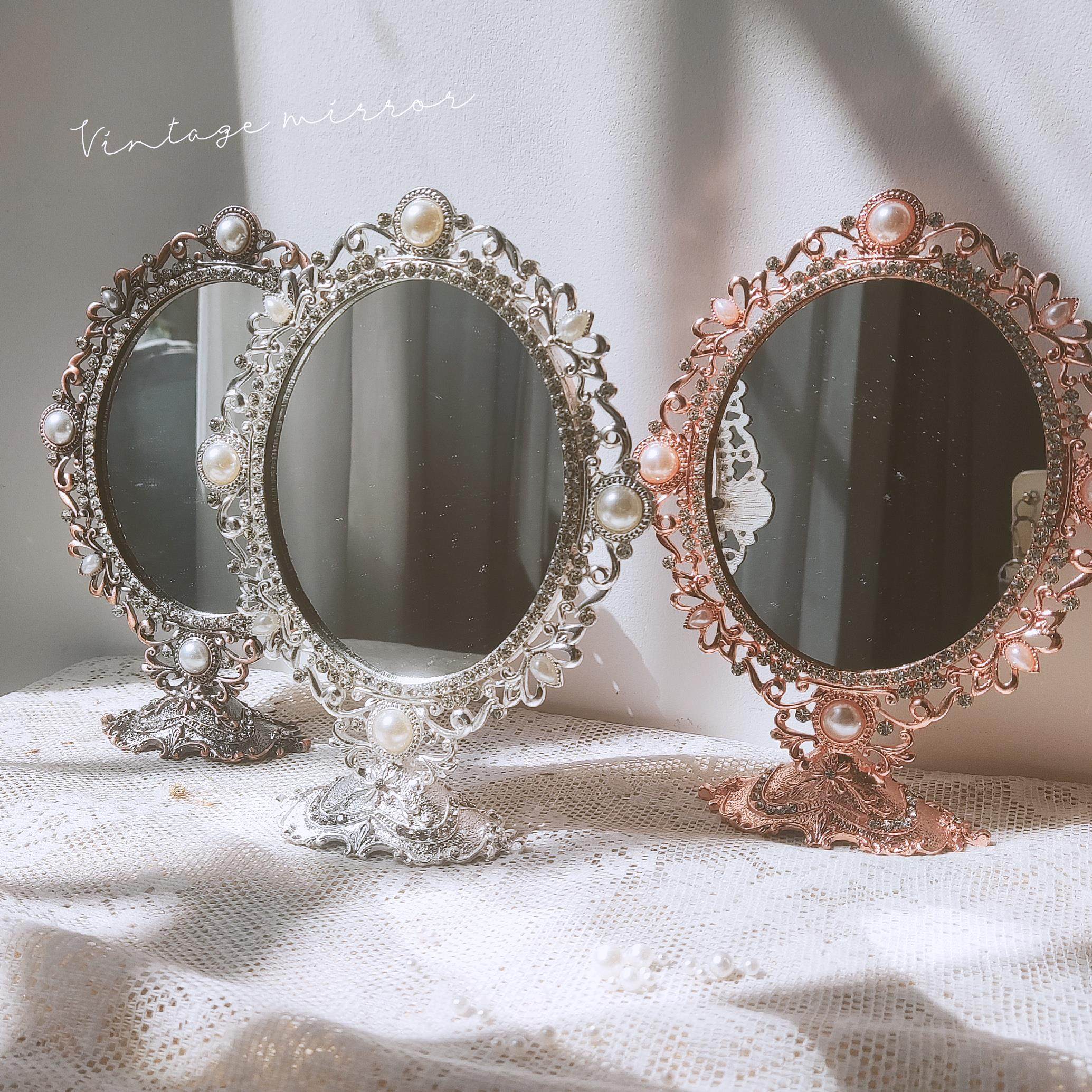 法式复古雕花单面镜摆台水钻珍珠梳妆镜结婚礼物古铜色银色红铜