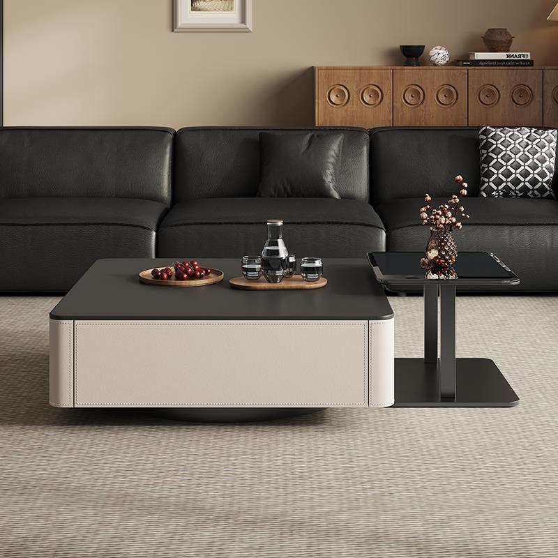 现代简约方形岩板茶几轻奢高级感客厅家用新款黑色马鞍皮茶几组合