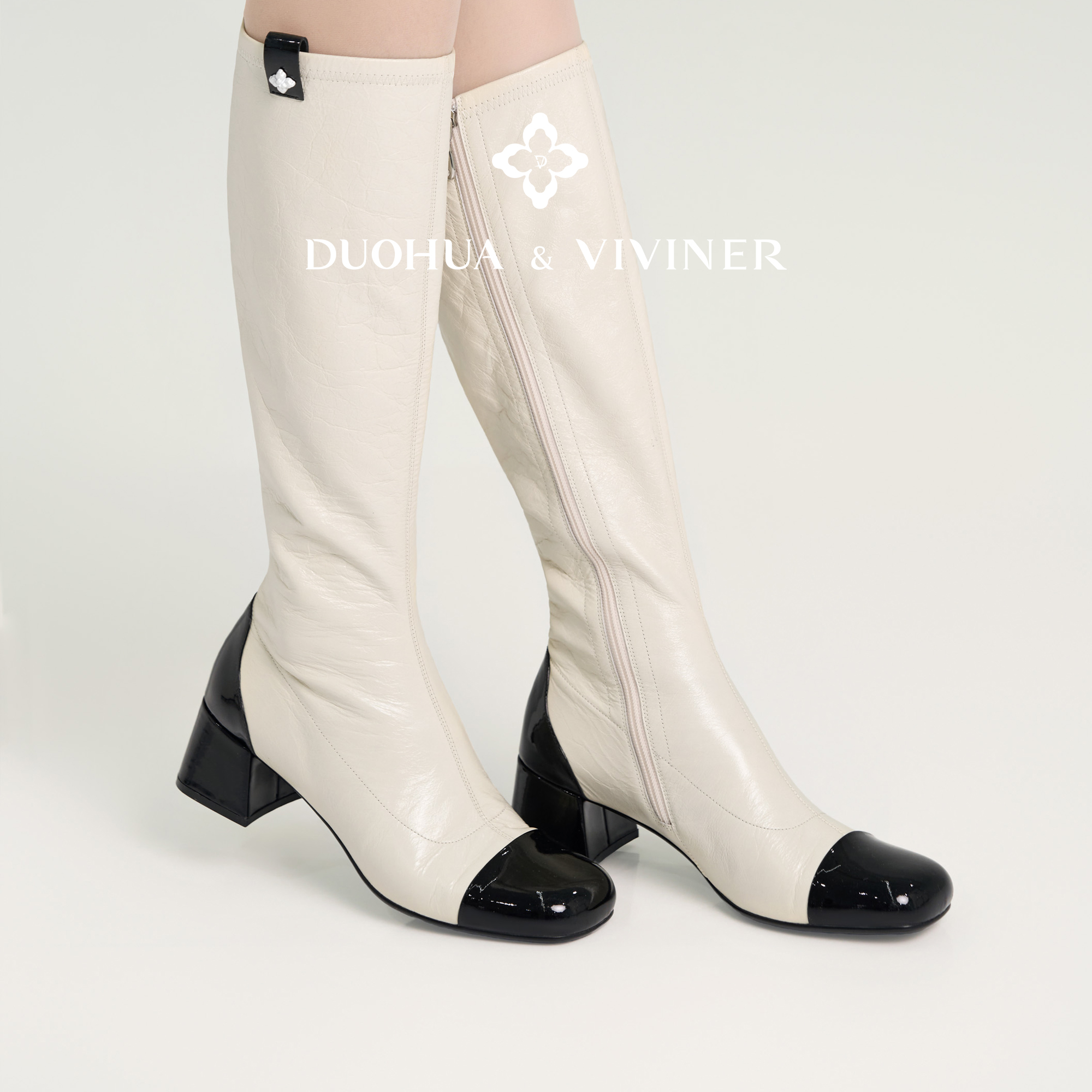 DV秋冬新款冰裂纹油蜡小牛皮长筒靴靴子中筒靴女靴DUOHUA&VIVINER