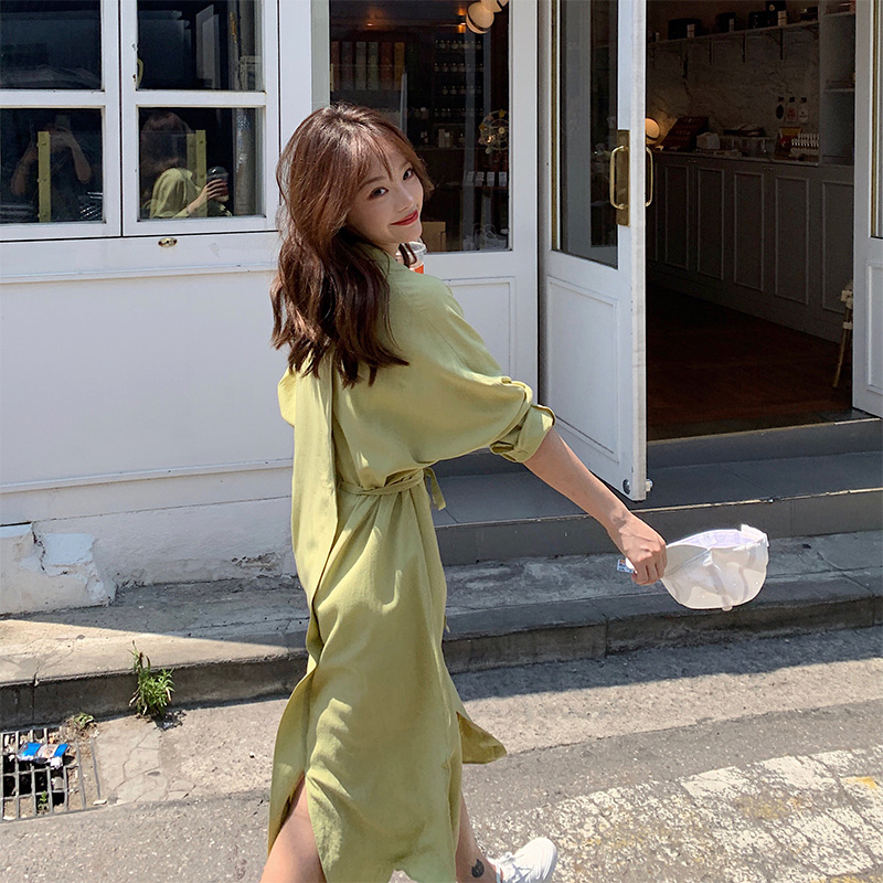 热销60件有赠品钱夫人莫达尔polo连衣裙2019流行夏中长款过膝收腰显瘦休闲衬衫裙