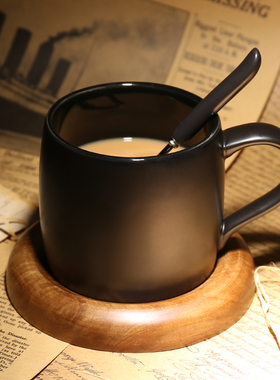 咖啡厅磨砂马克杯带勺黑色咖啡杯带盖创意简约陶瓷办公室水杯子