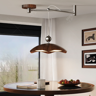 复古中古风餐厅灯蛋壳摇臂吊灯可位移餐桌灯2024新款复古木艺灯具
