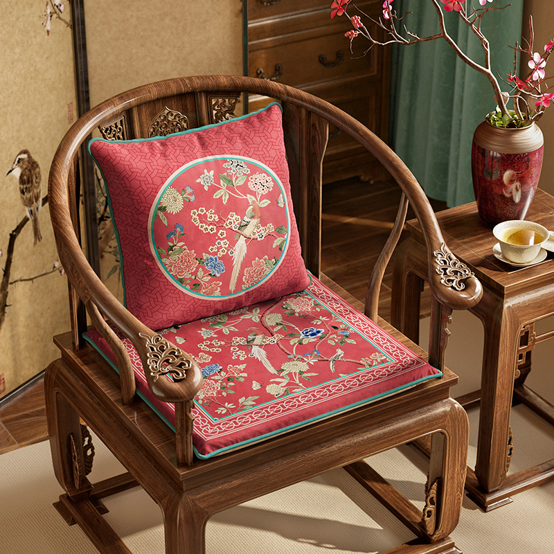新中式中国风实木太师椅坐垫红木圈椅靠枕垫高级感海绵垫春满园