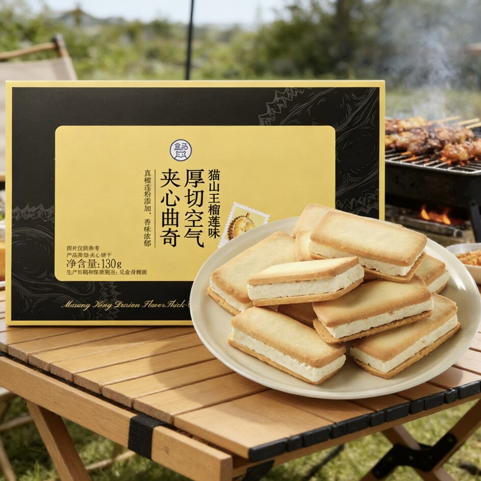 盒马猫山王榴莲味厚切空气夹心曲奇130g轻盈丝滑香味浓郁0反式脂