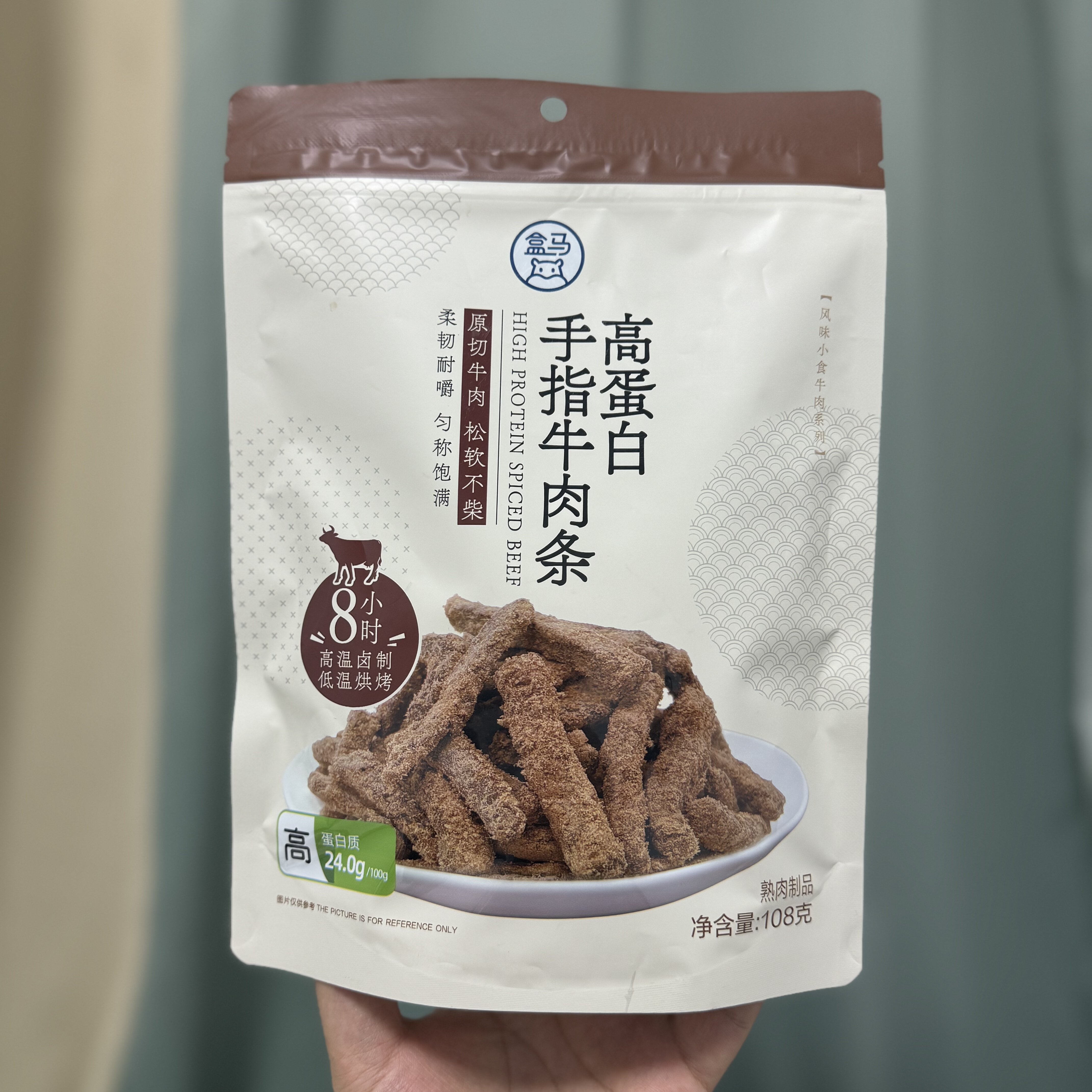 盒马高蛋白手指牛肉条108g原切松软不柴高温卤制柔韧耐嚼含独立袋
