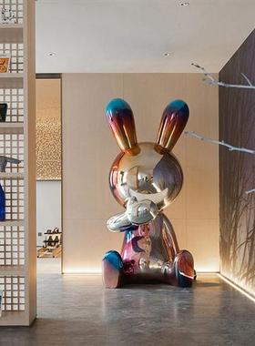 现代卡通玻璃钢兔子电镀雕塑摆件客厅家居装饰坐姿大型落地摆件