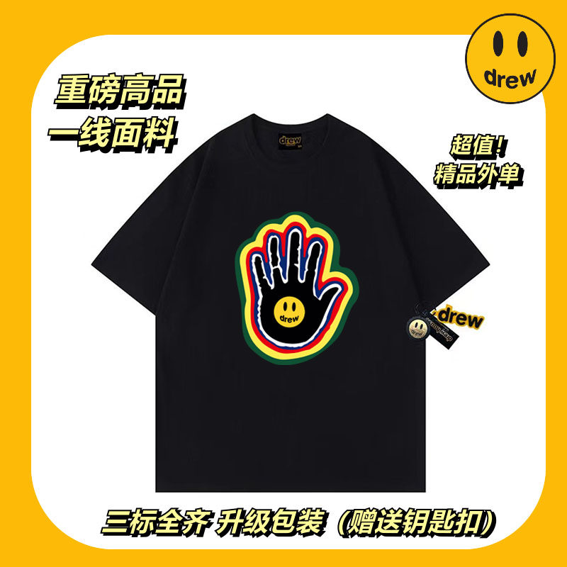 笑脸彩虹手掌涂鸦印花潮T恤美式宽松男女生纯棉短袖夏季百搭上衣
