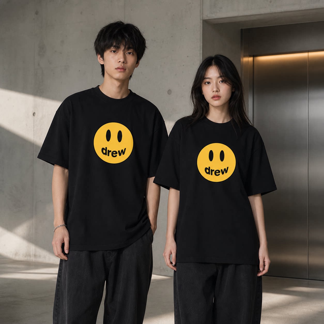 drew笑脸纯棉短袖上衣宽松圆领街头潮流男女同款情侣百搭半袖
