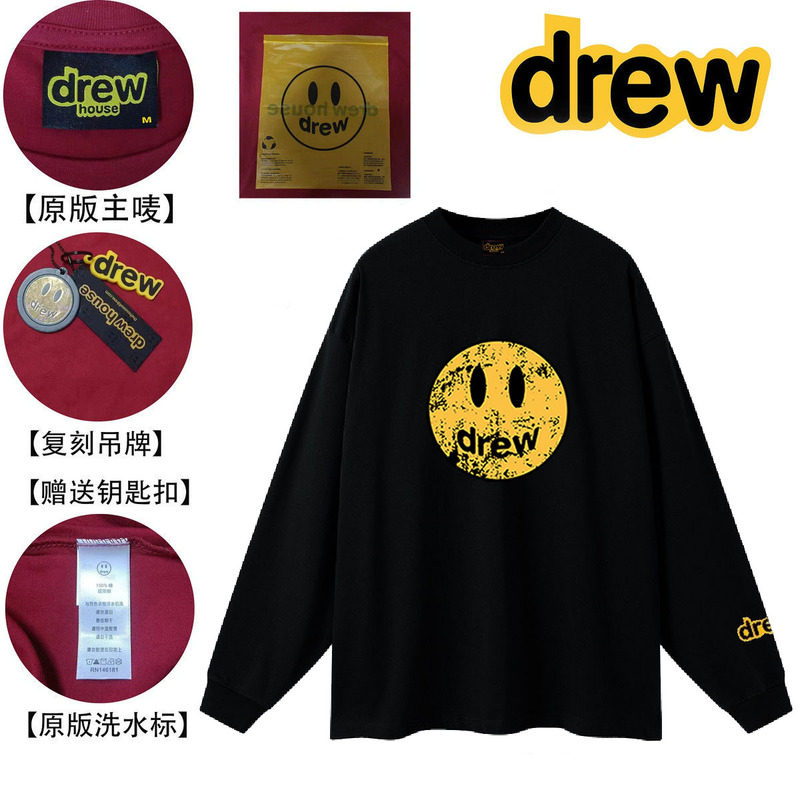 drew破坏笑脸美式百搭纯棉长袖T恤高街宽松男女学生卫衣秋冬打底