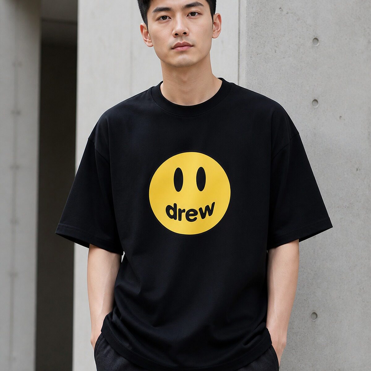 drew笑脸纯棉短袖宽松圆领美式复古高街潮牌男女同款情侣百搭休闲