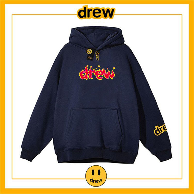 drew笑脸火焰欧美潮牌纯棉加绒连帽卫衣男女学生情侣秋冬博主穿搭