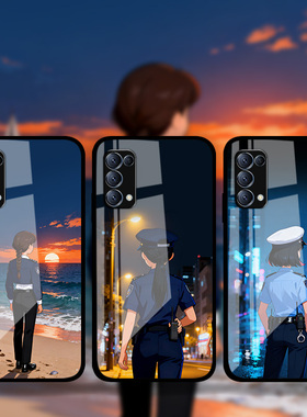 适用OPPOReno14Pro13p12p11p10女警卡通背影手机壳民警FindX8Pro警校生钢化玻璃壳照片定制RealmeGT7真我13