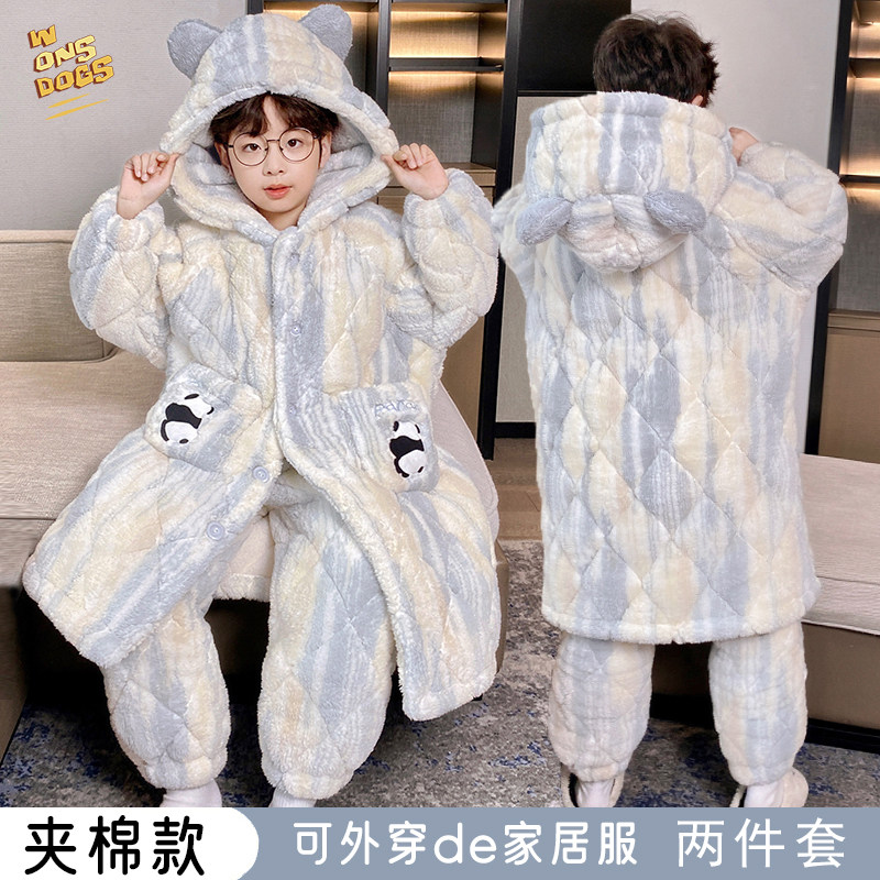 卡通冬季加厚男童睡衣儿童男孩三层夹棉珊瑚绒亲子家居服睡袍套装