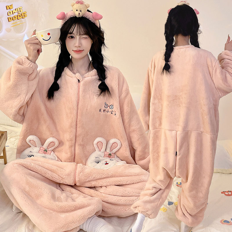 可爱兔连体睡衣女童秋冬季儿童保暖法兰绒女孩大童亲子家居服睡袋