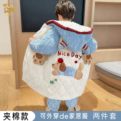 卡通儿童睡衣冬季男童加厚珊瑚绒三层夹棉男孩睡袍长款家居服套装