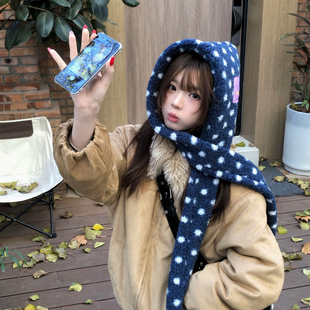 韩版可爱波点毛绒帽子围巾一体式秋冬保暖护耳百搭显脸小套头帽潮