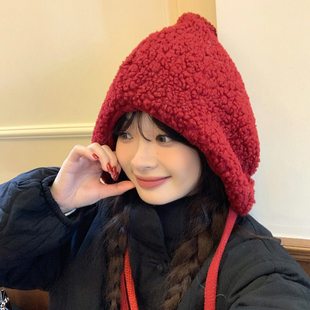 新年圣诞节红色可爱羊羔毛绒帽子女大头围冬季保暖护耳女巫小红帽
