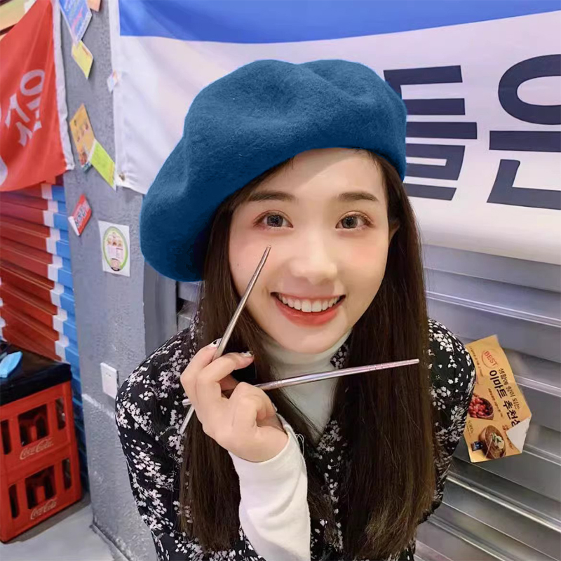 石原里美同款羊毛复古贝雷帽蓝色