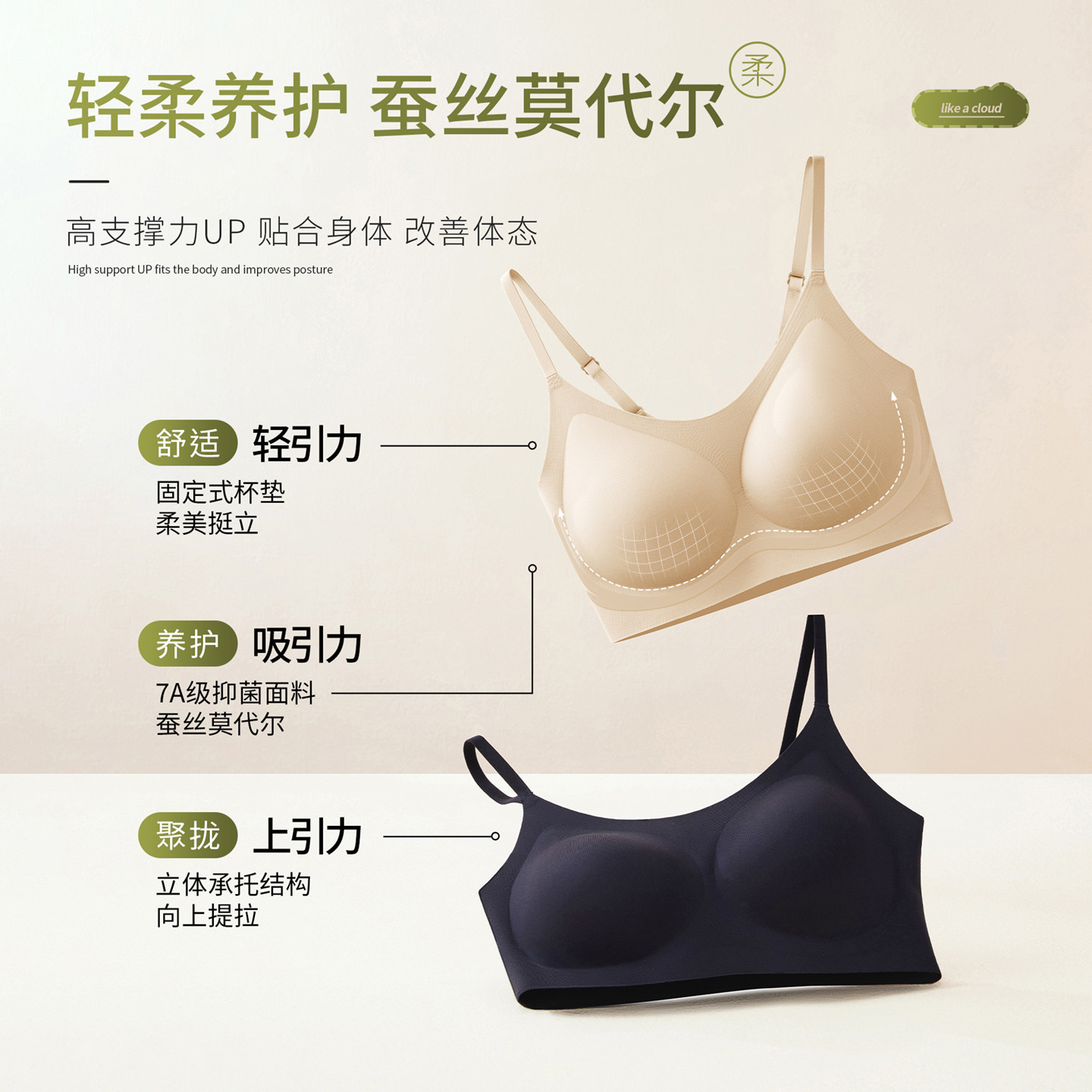 新款7A级抗菌养护内衣女轻透莫代尔无痕背心无搭扣桑蚕丝润肤文胸
