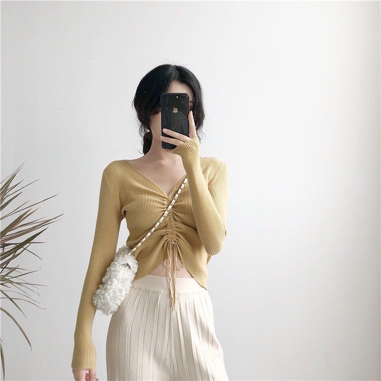 很仙的V领抽绳系带长袖心机针织打底衫女春秋薄款洋气上衣设计感|ruв категории Женская одежда, шерстяной свитер - от Buy2taobao.com для оказания профессиональной услуги покупки агента Taobao