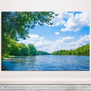 山水风景画蓝天白云湖泊青山绿水客厅卧室背景墙壁画树木森林贴画