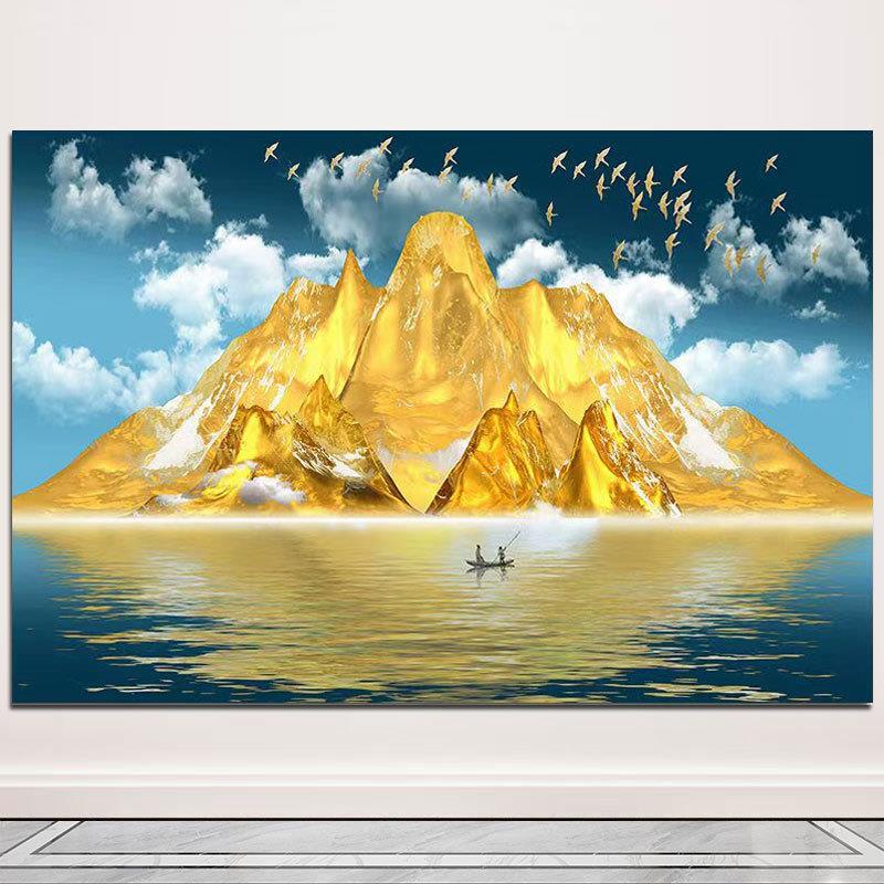 山水画背靠金山人财两旺招财风水挂画办公室客厅床头装饰画自粘画