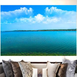 平静湖面蓝天白云湖泊山水画财源滚滚自然家居客厅沙发背景墙贴画