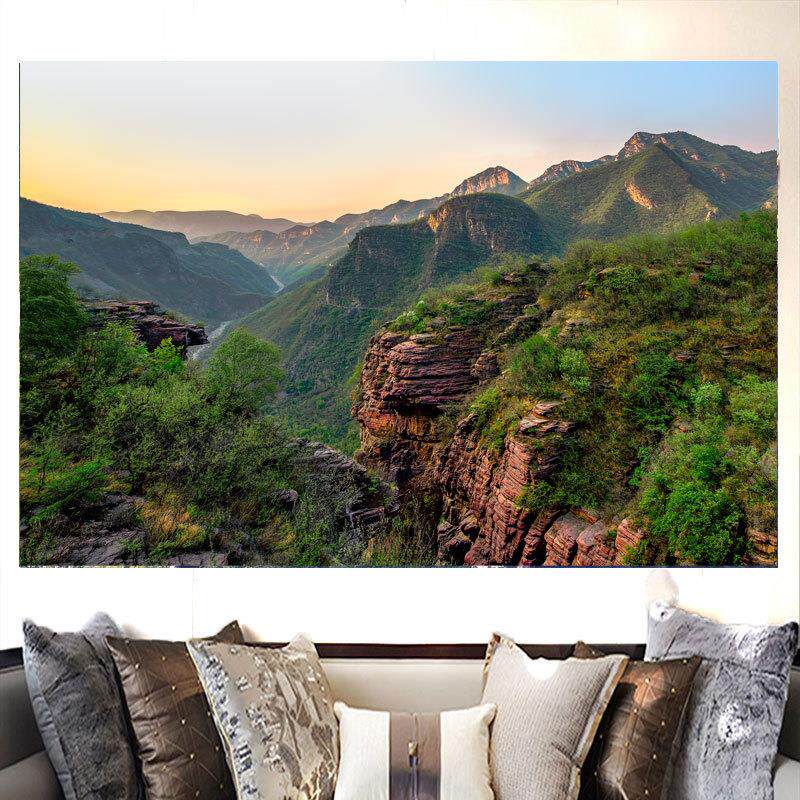 云台山青山大山绿色森林护眼风山水景画墙贴纸峡谷群山河流自粘画