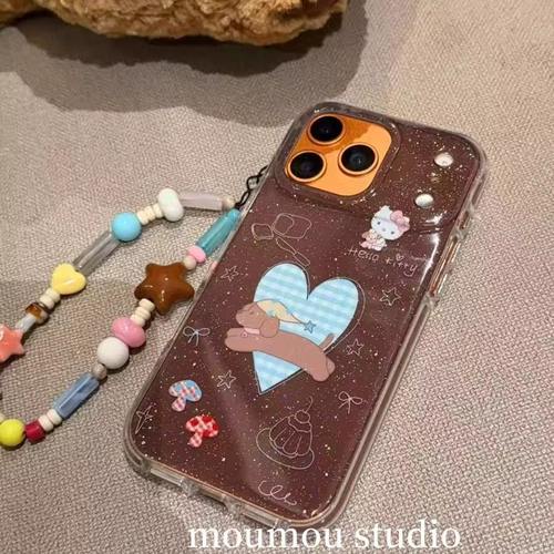 可爱咖啡色爱心小狗KT猫链条手机壳适用苹果17promax新款IMD双层17pro大孔全包17保护套16promax/16防摔15女
