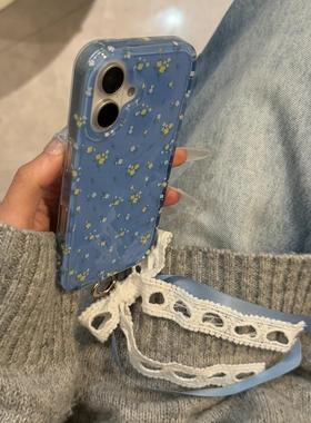 双层蓝色碎花满屏编织蕾丝挂件少女苹果16promax手机壳15小众14ins风碎花