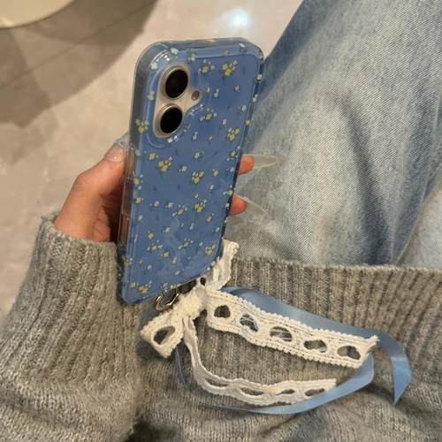 双层蓝色碎花满屏编织蕾丝挂件少女苹果16promax手机壳15小众14ins风碎花