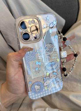 可爱透明蓝色高帽子KT猫链条手机壳适用苹果16promax新款双层15pro全包14promax保护套14/13防摔16女款