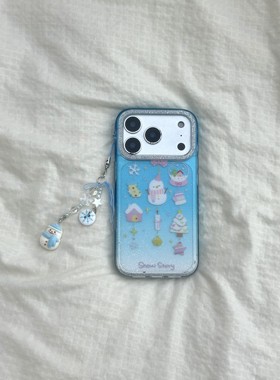 网红款ins韩系透蓝色闪粉雪人适用于苹果16/17promax/iPhone15pro手机壳女款14全包防摔13保护套