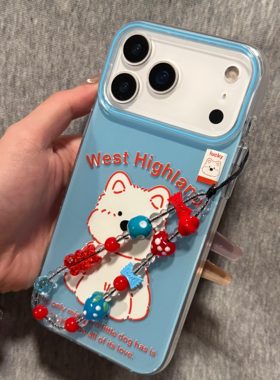 可爱卡通蓝色西高地链条手机壳适用苹果17promax新款IMD双层15pro全包16promax保护套14/13防摔16女款