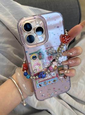 透紫色三丽鸥kt卡通拼接链条手机壳适用苹果16promax新款双层15pro全包14/13防摔14promax保护套16女款