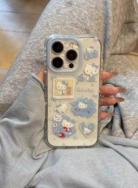 可爱透明蓝色系kt猫插画涂鸦链条手机壳适用苹果16promax新款双层15pro全包14/13防摔14promax保护套16女款