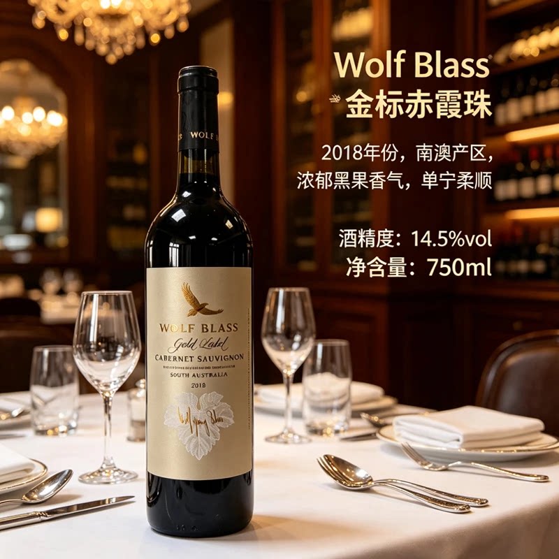 WOLFBLASS澳大利亚进口赤霞珠纷赋金牌干红葡萄酒14.5度750mL金标
