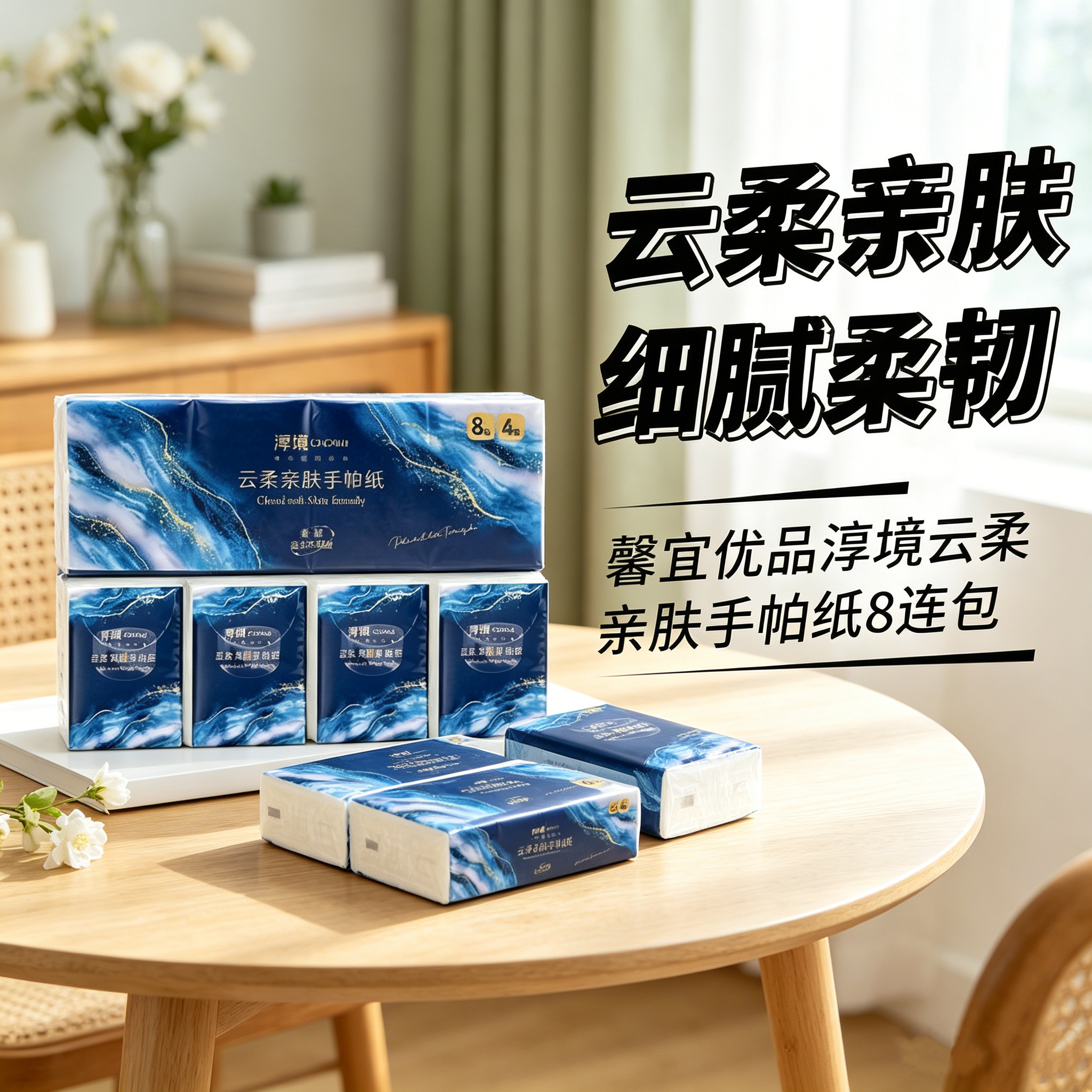新款淳境云柔亲肤手帕纸8连包四层细腻柔韧面巾纸便携手帕纸